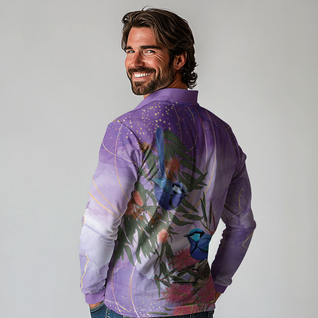 Australia Splendid Fairy Wren on Eucalyptus Long Sleeve Polo Shirt Epilepsy Prevention