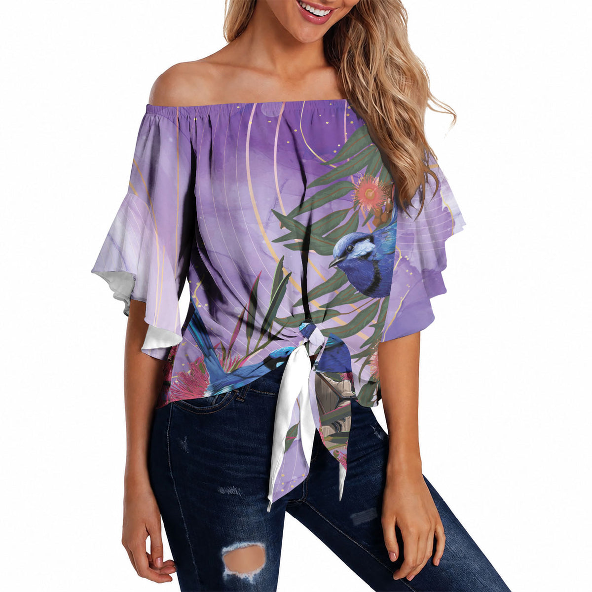 Australia Splendid Fairy Wren on Eucalyptus Off Shoulder Wrap Waist Top Epilepsy Prevention