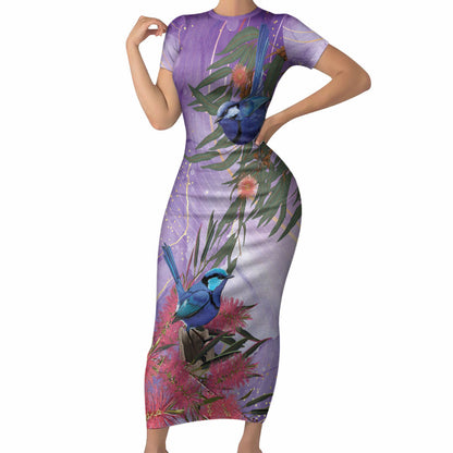 Australia Splendid Fairy Wren on Eucalyptus Short Sleeve Bodycon Dress Epilepsy Prevention