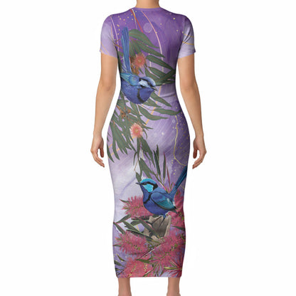 Australia Splendid Fairy Wren on Eucalyptus Short Sleeve Bodycon Dress Epilepsy Prevention