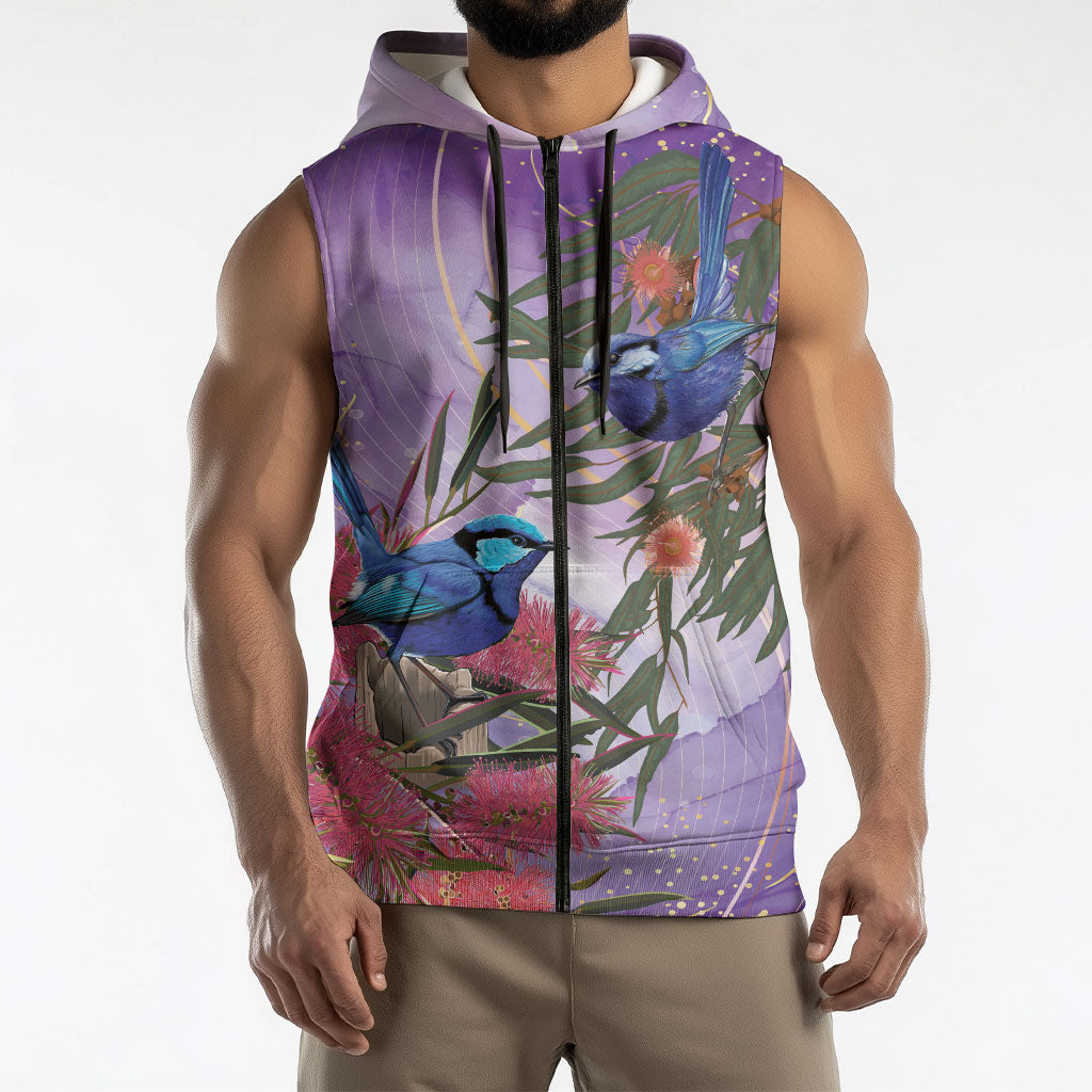 Australia Splendid Fairy Wren on Eucalyptus Sleeveless Zip Hoodie Epilepsy Prevention