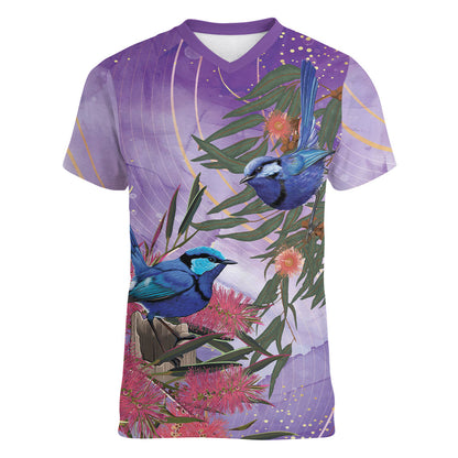 Australia Splendid Fairy Wren on Eucalyptus Women V-Neck T-Shirt Epilepsy Prevention