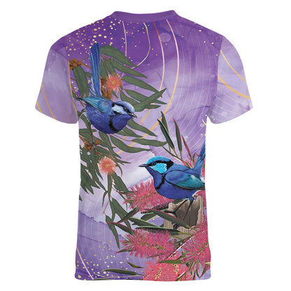 Australia Splendid Fairy Wren on Eucalyptus Women V-Neck T-Shirt Epilepsy Prevention