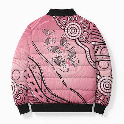 Pink Aboriginal Butterfly Ribbon Cancer Bomber Puffer Jacket