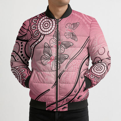 Pink Aboriginal Butterfly Ribbon Cancer Bomber Puffer Jacket