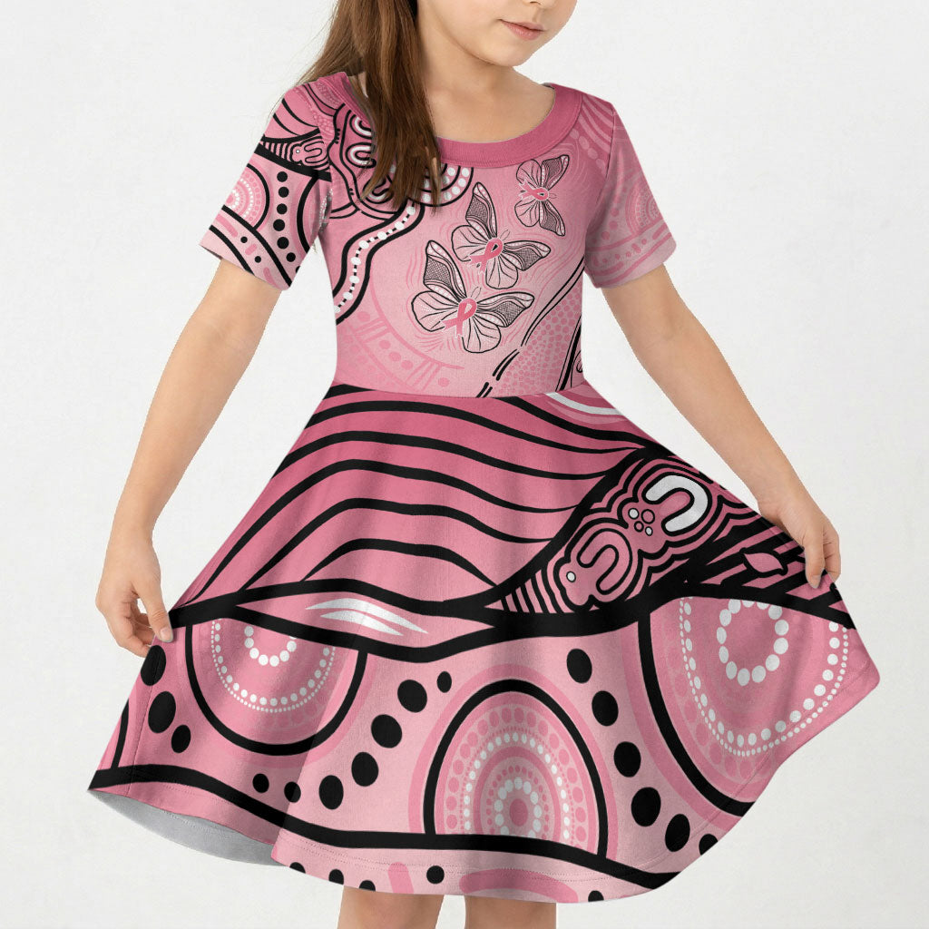 Pink Aboriginal Butterfly Ribbon Cancer Kid Short Sleeve Dress