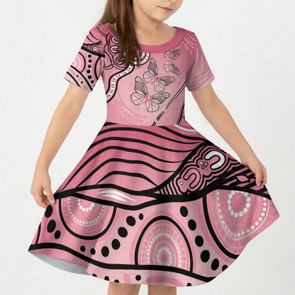 Pink Aboriginal Butterfly Ribbon Cancer Kid Short Sleeve Dress