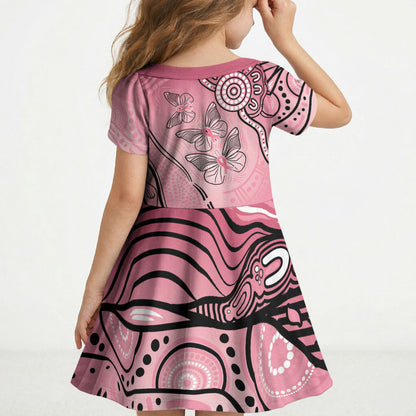 Pink Aboriginal Butterfly Ribbon Cancer Kid Short Sleeve Dress