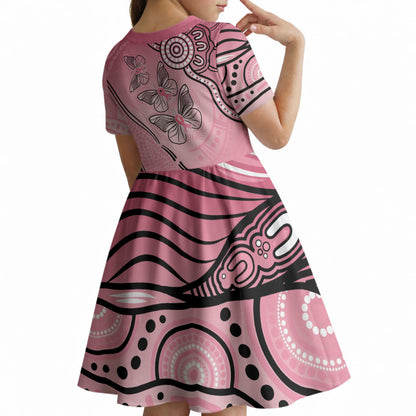 Pink Aboriginal Butterfly Ribbon Cancer Kid Short Sleeve Dress
