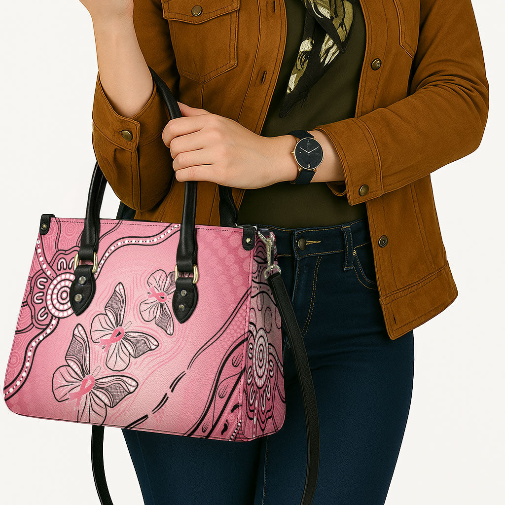 Pink Aboriginal Butterfly Ribbon Cancer Leather Bag
