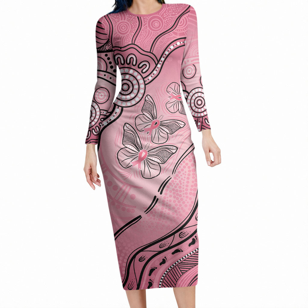Pink Aboriginal Butterfly Ribbon Cancer Long Sleeve Bodycon Dress