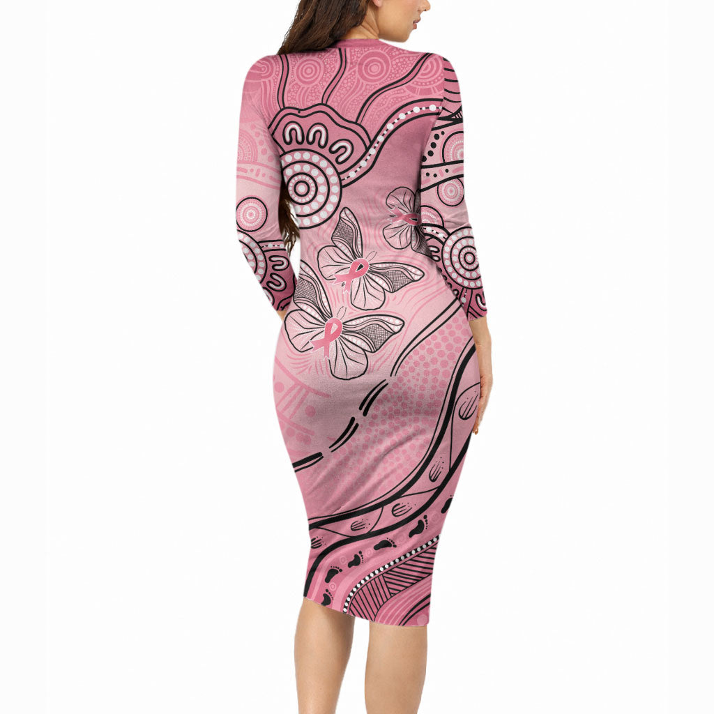Pink Aboriginal Butterfly Ribbon Cancer Long Sleeve Bodycon Dress