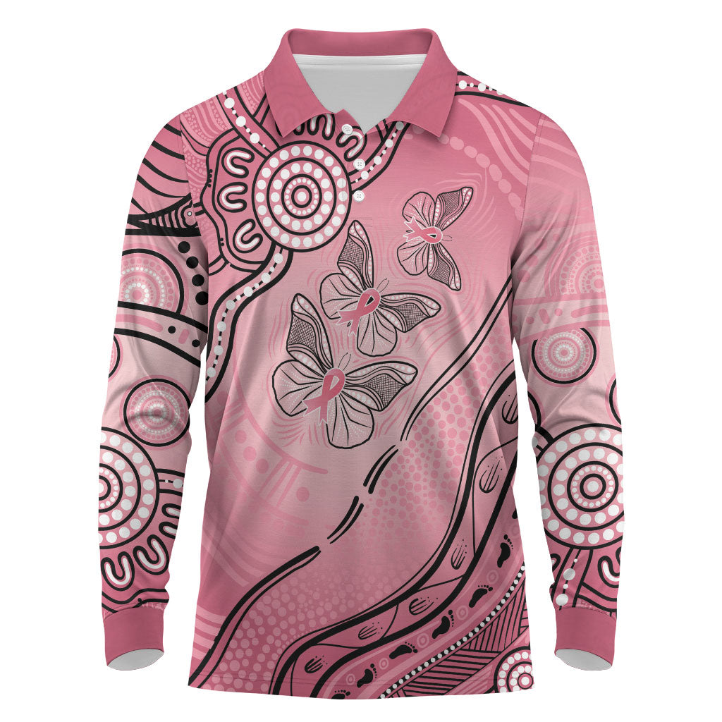 Pink Aboriginal Butterfly Ribbon Cancer Long Sleeve Polo Shirt