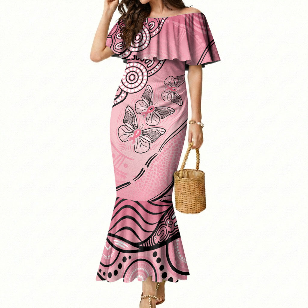 Pink Aboriginal Butterfly Ribbon Cancer Mermaid Dress