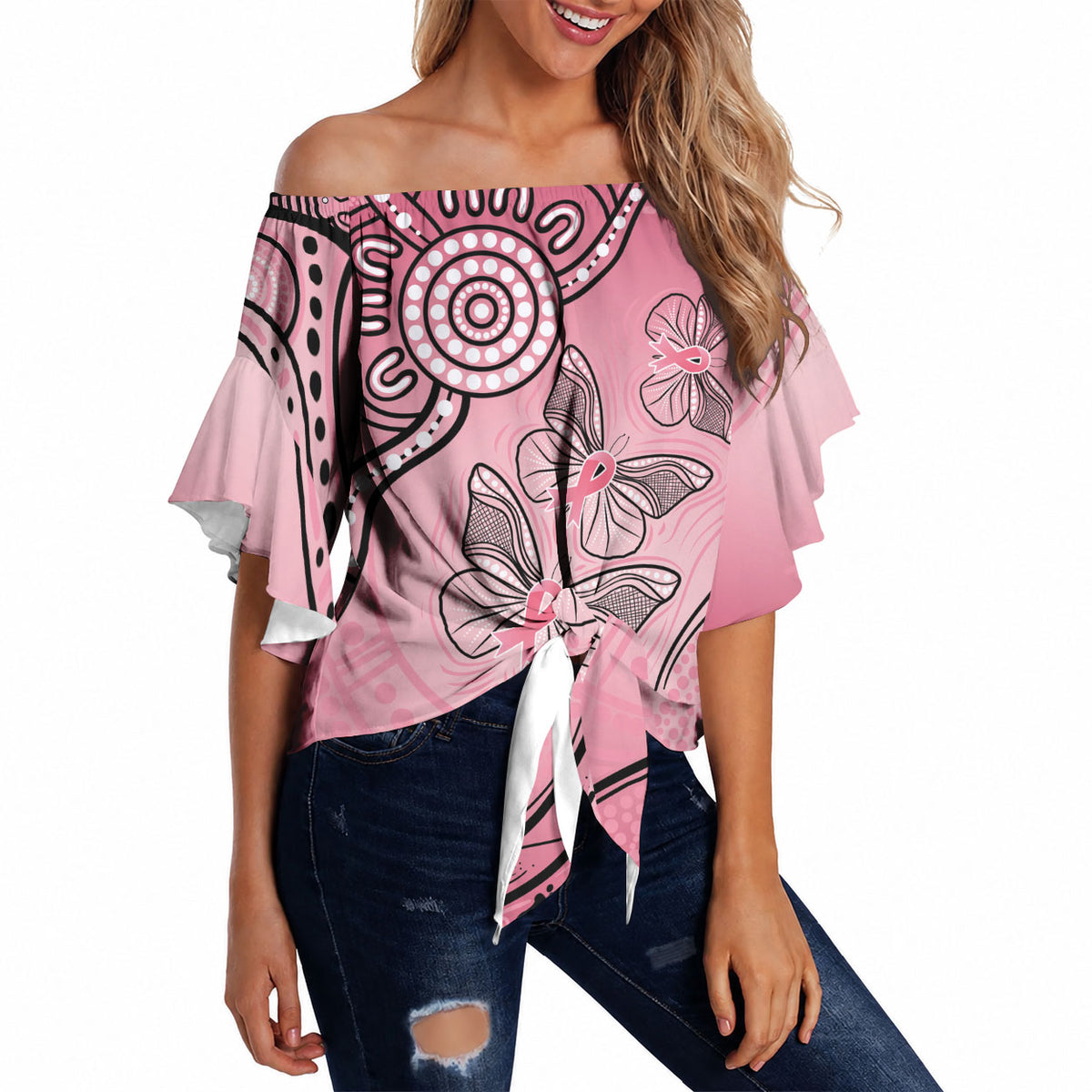 Pink Aboriginal Butterfly Ribbon Cancer Off Shoulder Wrap Waist Top
