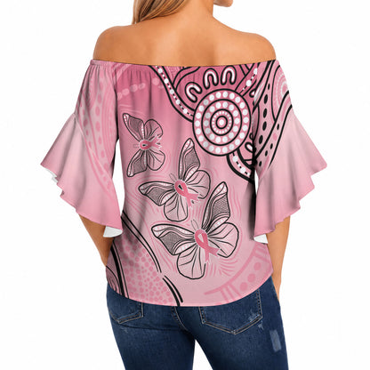 Pink Aboriginal Butterfly Ribbon Cancer Off Shoulder Wrap Waist Top