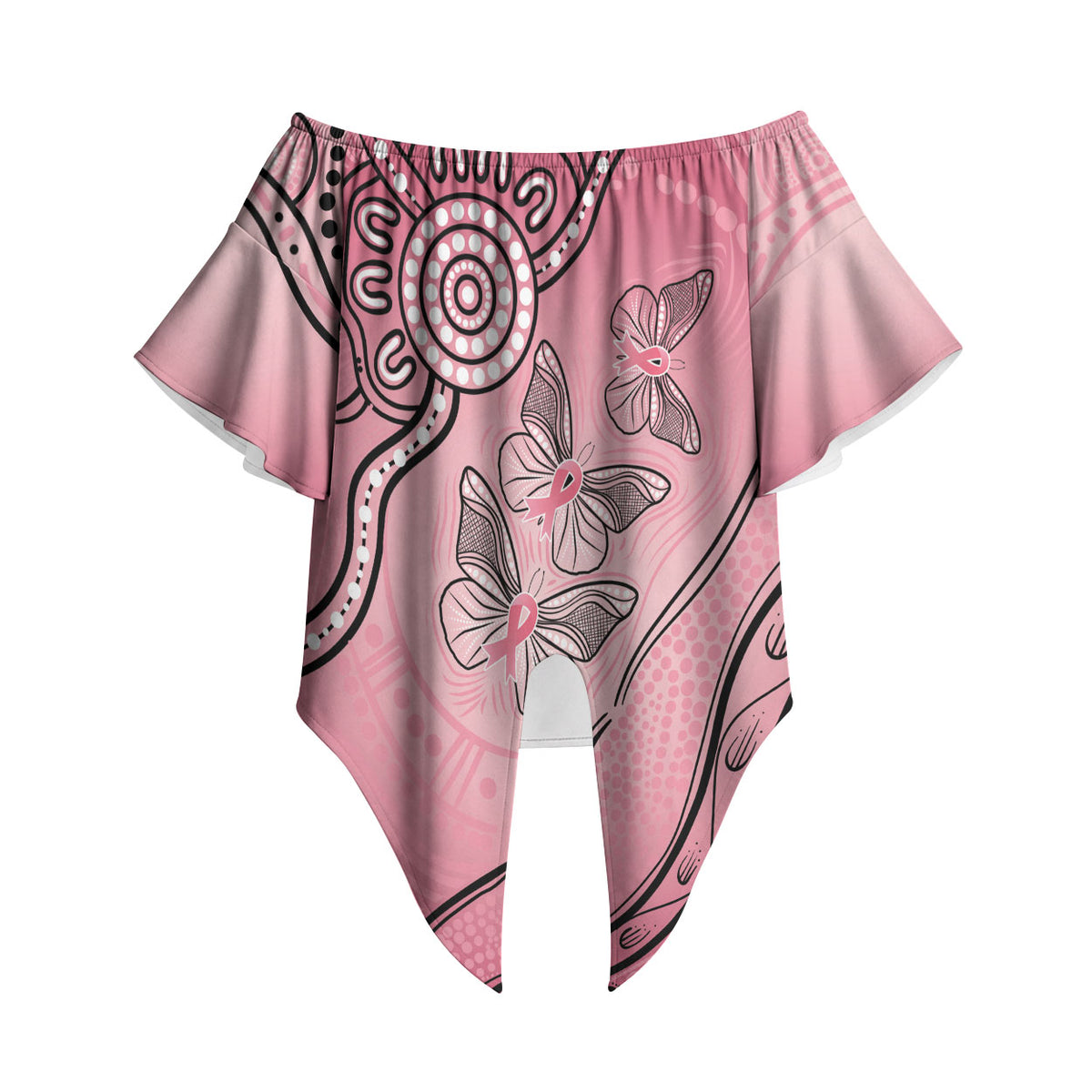 Pink Aboriginal Butterfly Ribbon Cancer Off Shoulder Wrap Waist Top