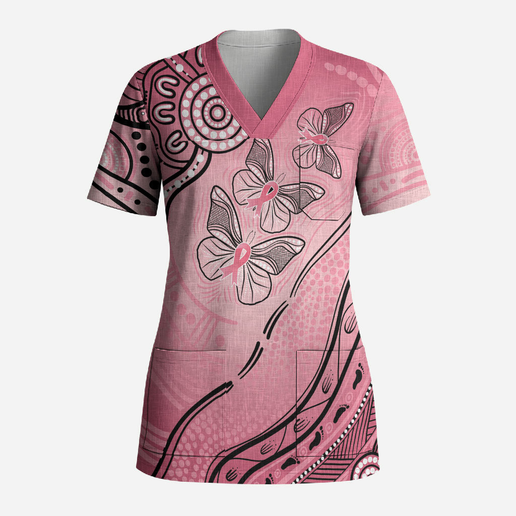 Pink Aboriginal Butterfly Ribbon Cancer Scrub Top