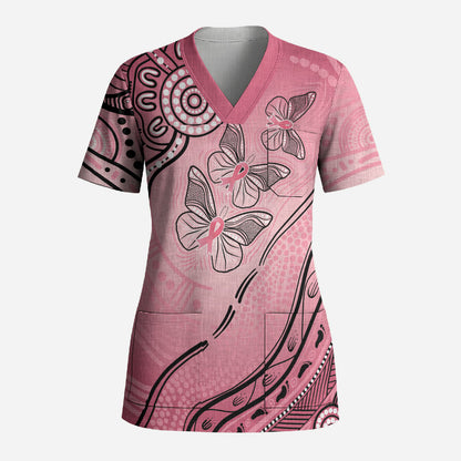 Pink Aboriginal Butterfly Ribbon Cancer Scrub Top