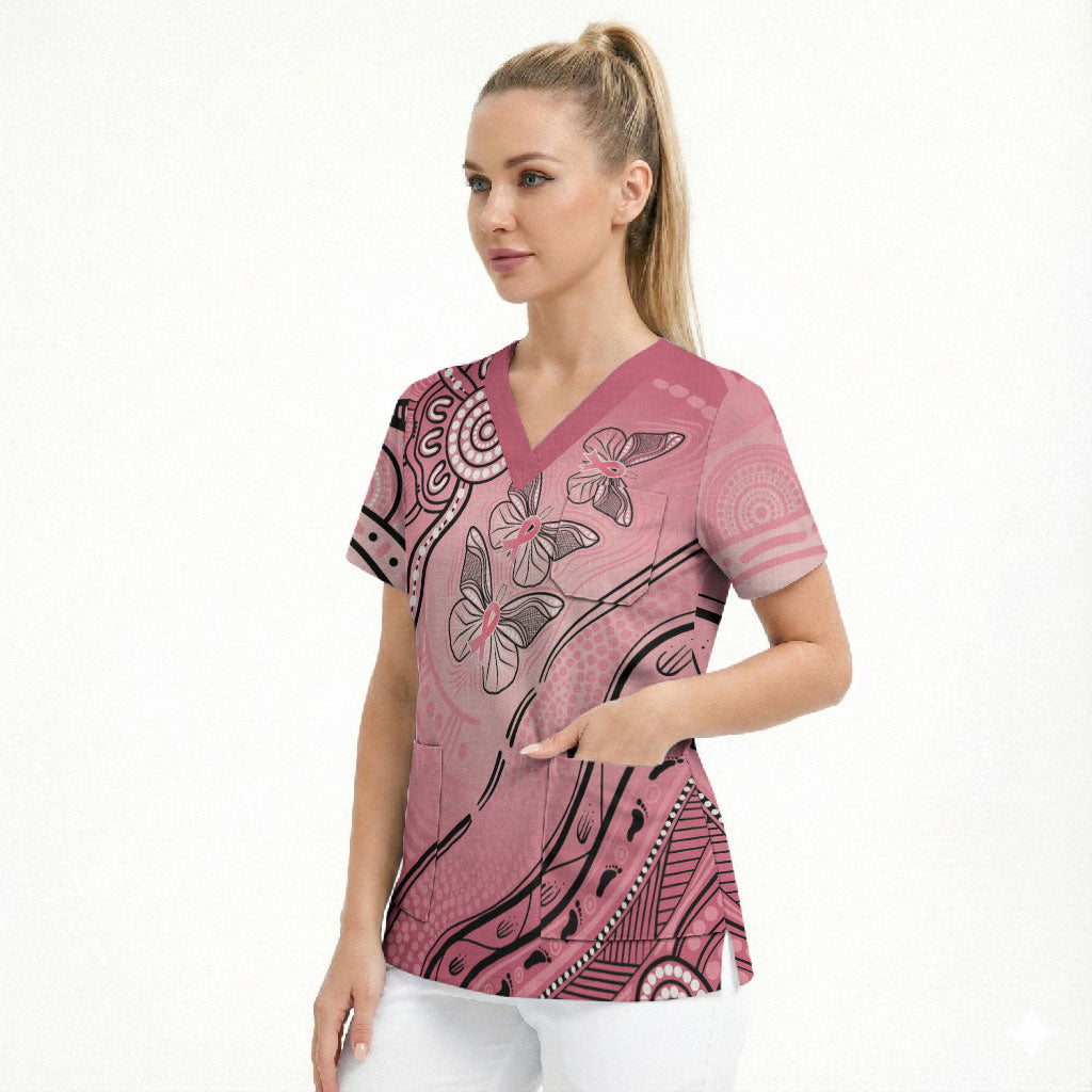 Pink Aboriginal Butterfly Ribbon Cancer Scrub Top
