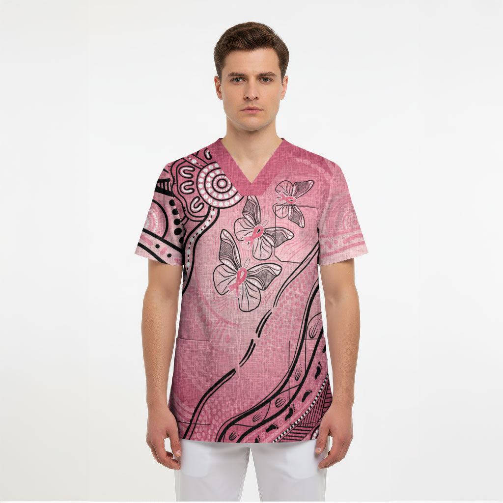 Pink Aboriginal Butterfly Ribbon Cancer Scrub Top