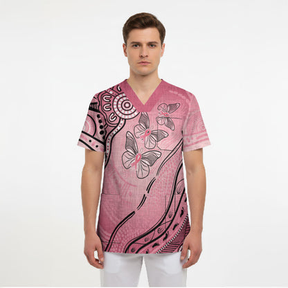 Pink Aboriginal Butterfly Ribbon Cancer Scrub Top