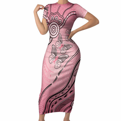 Pink Aboriginal Butterfly Ribbon Cancer Short Sleeve Bodycon Dress