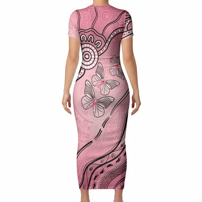 Pink Aboriginal Butterfly Ribbon Cancer Short Sleeve Bodycon Dress