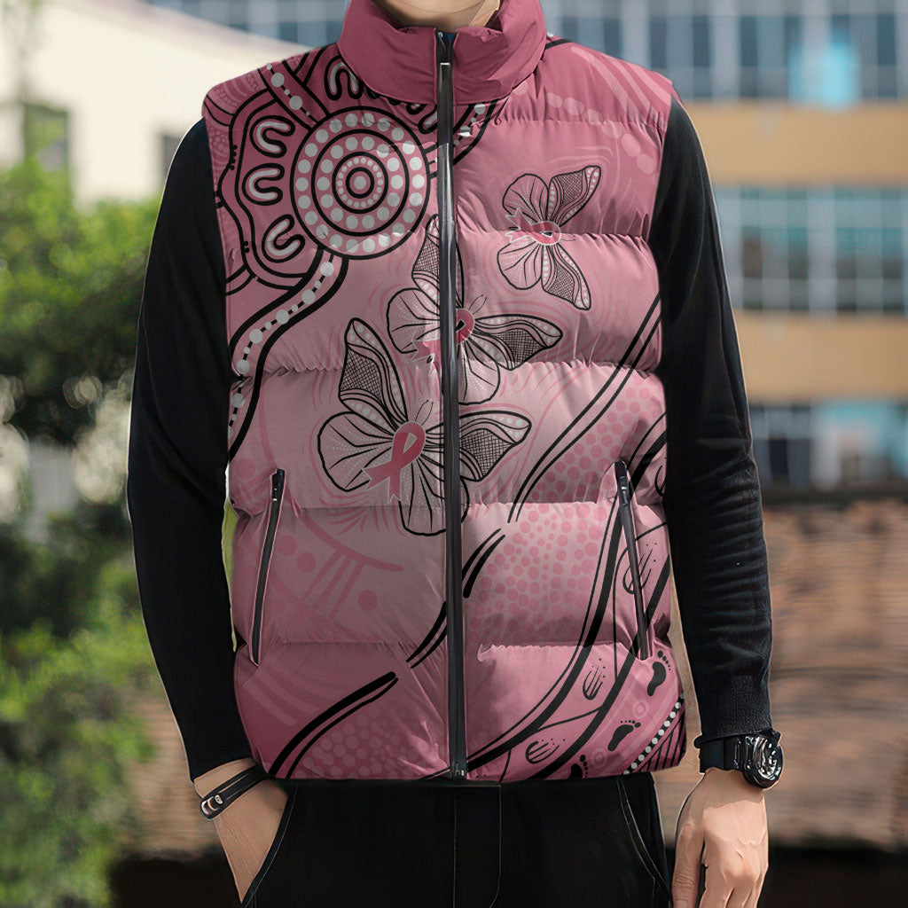Pink Aboriginal Butterfly Ribbon Cancer Sleeveless Puffer Jacket