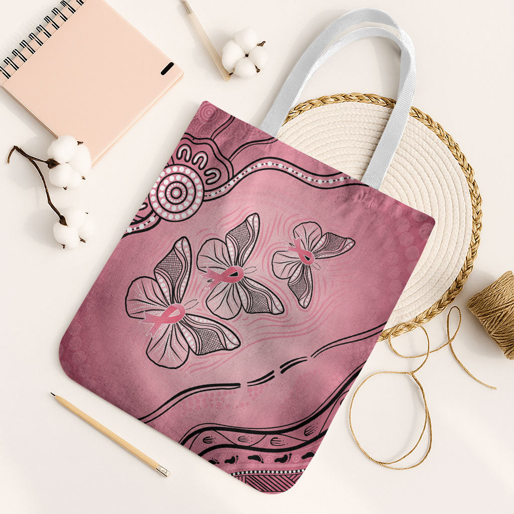 Pink Aboriginal Butterfly Ribbon Cancer Tote Bag