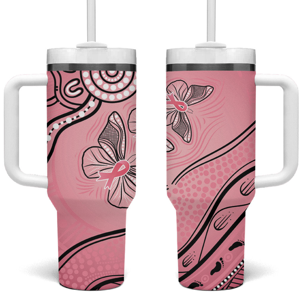 Pink Aboriginal Butterfly Ribbon Cancer Tumbler With Handle
