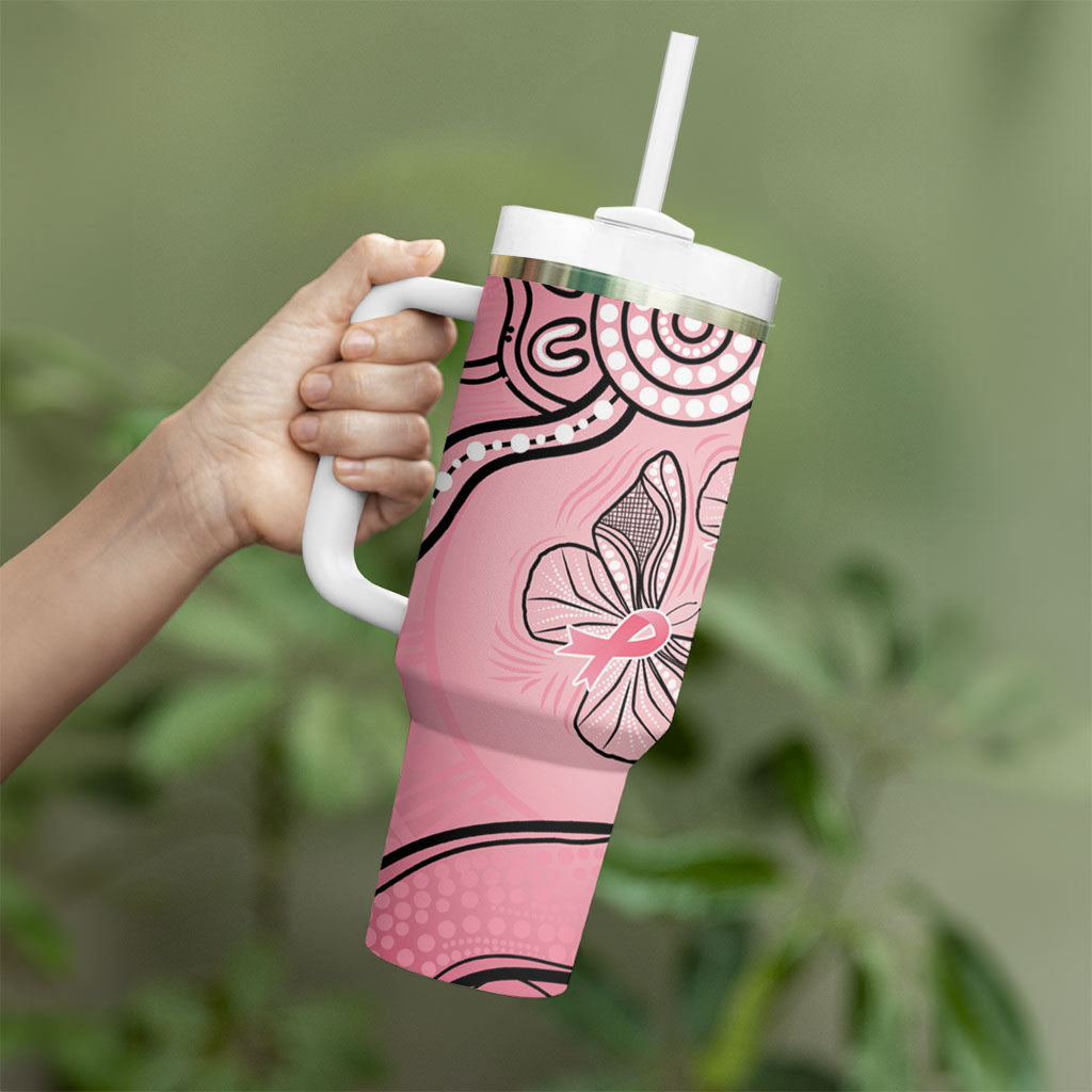 Pink Aboriginal Butterfly Ribbon Cancer Tumbler With Handle