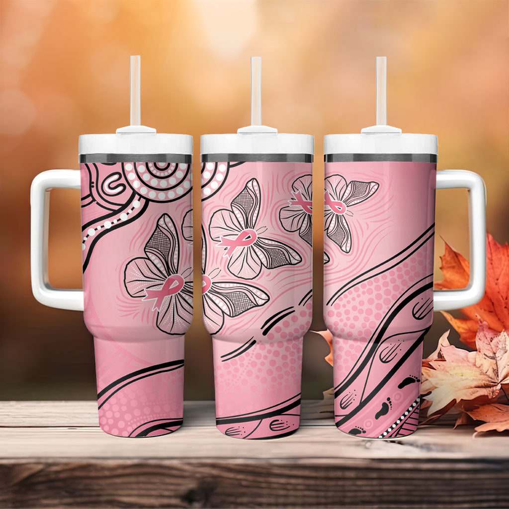 Pink Aboriginal Butterfly Ribbon Cancer Tumbler With Handle