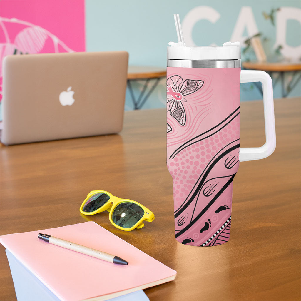 Pink Aboriginal Butterfly Ribbon Cancer Tumbler With Handle