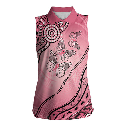 Pink Aboriginal Butterfly Ribbon Cancer Women Sleeveless Polo Shirt