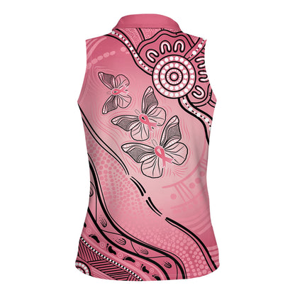 Pink Aboriginal Butterfly Ribbon Cancer Women Sleeveless Polo Shirt