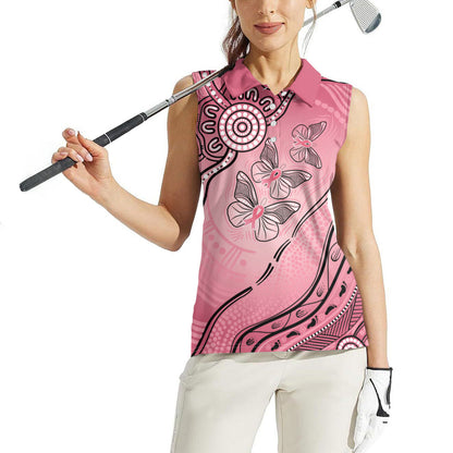 Pink Aboriginal Butterfly Ribbon Cancer Women Sleeveless Polo Shirt