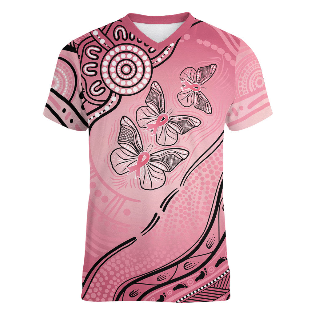Pink Aboriginal Butterfly Ribbon Cancer Women V-Neck T-Shirt