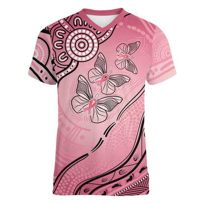 Pink Aboriginal Butterfly Ribbon Cancer Women V-Neck T-Shirt