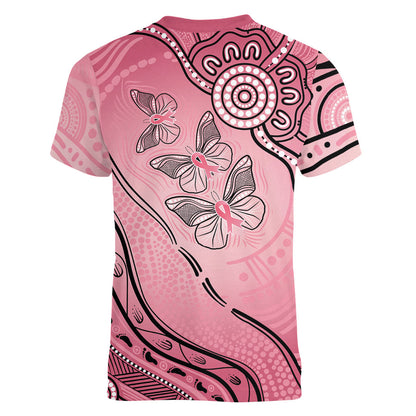Pink Aboriginal Butterfly Ribbon Cancer Women V-Neck T-Shirt