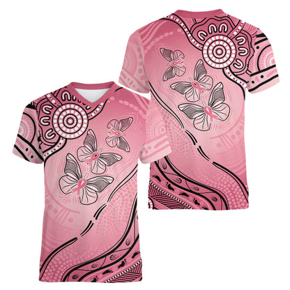 Pink Aboriginal Butterfly Ribbon Cancer Women V-Neck T-Shirt