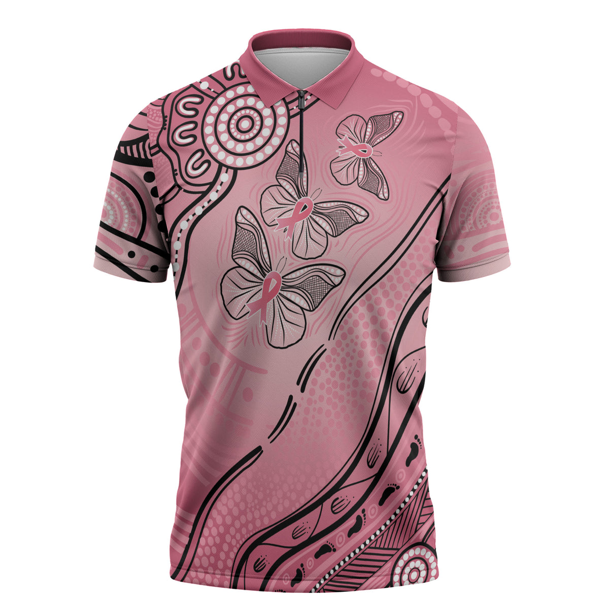 Pink Aboriginal Butterfly Ribbon Cancer Zipper Polo Shirt