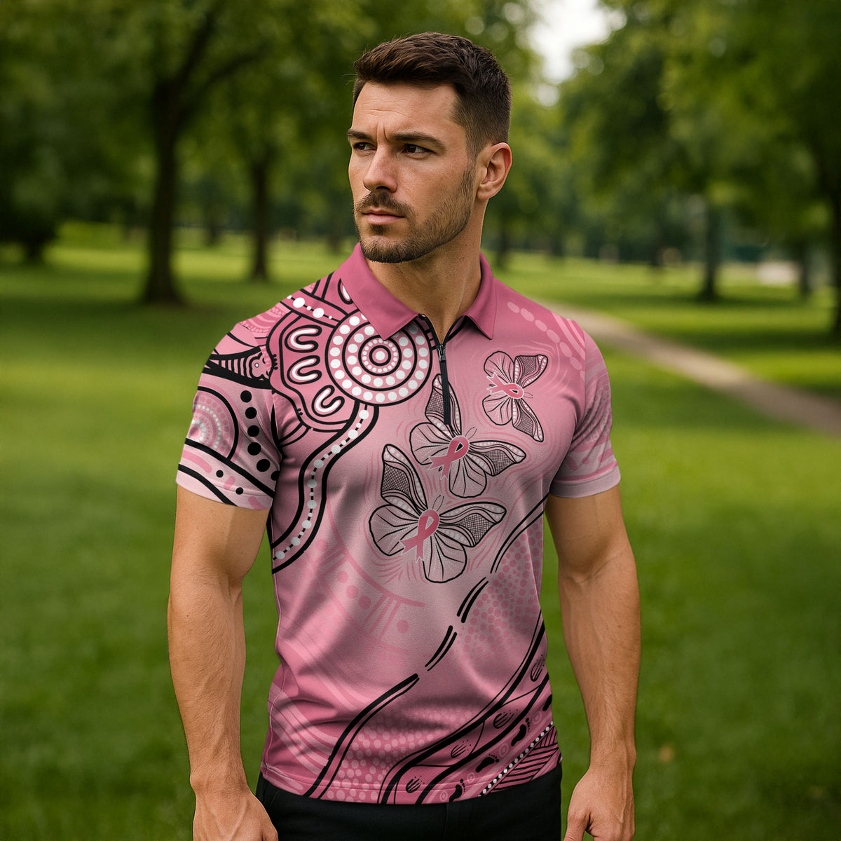 Pink Aboriginal Butterfly Ribbon Cancer Zipper Polo Shirt