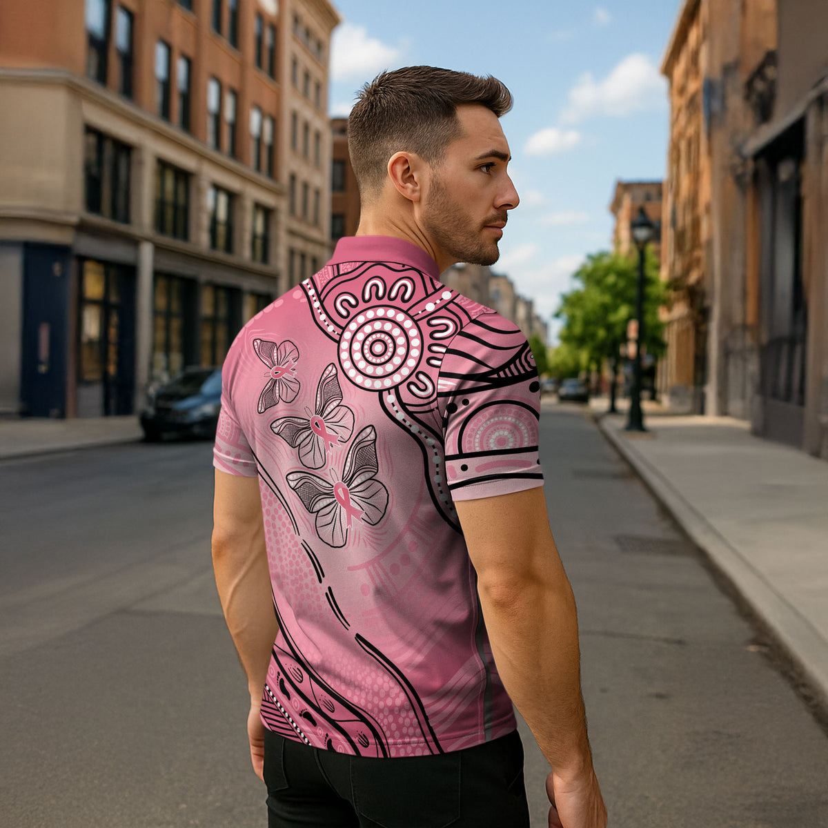 Pink Aboriginal Butterfly Ribbon Cancer Zipper Polo Shirt