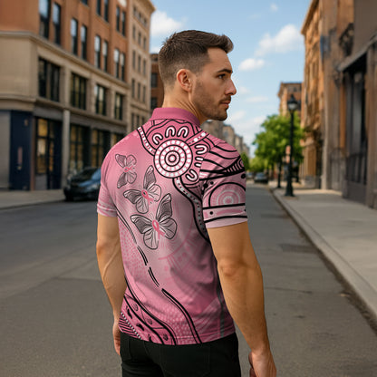Pink Aboriginal Butterfly Ribbon Cancer Zipper Polo Shirt