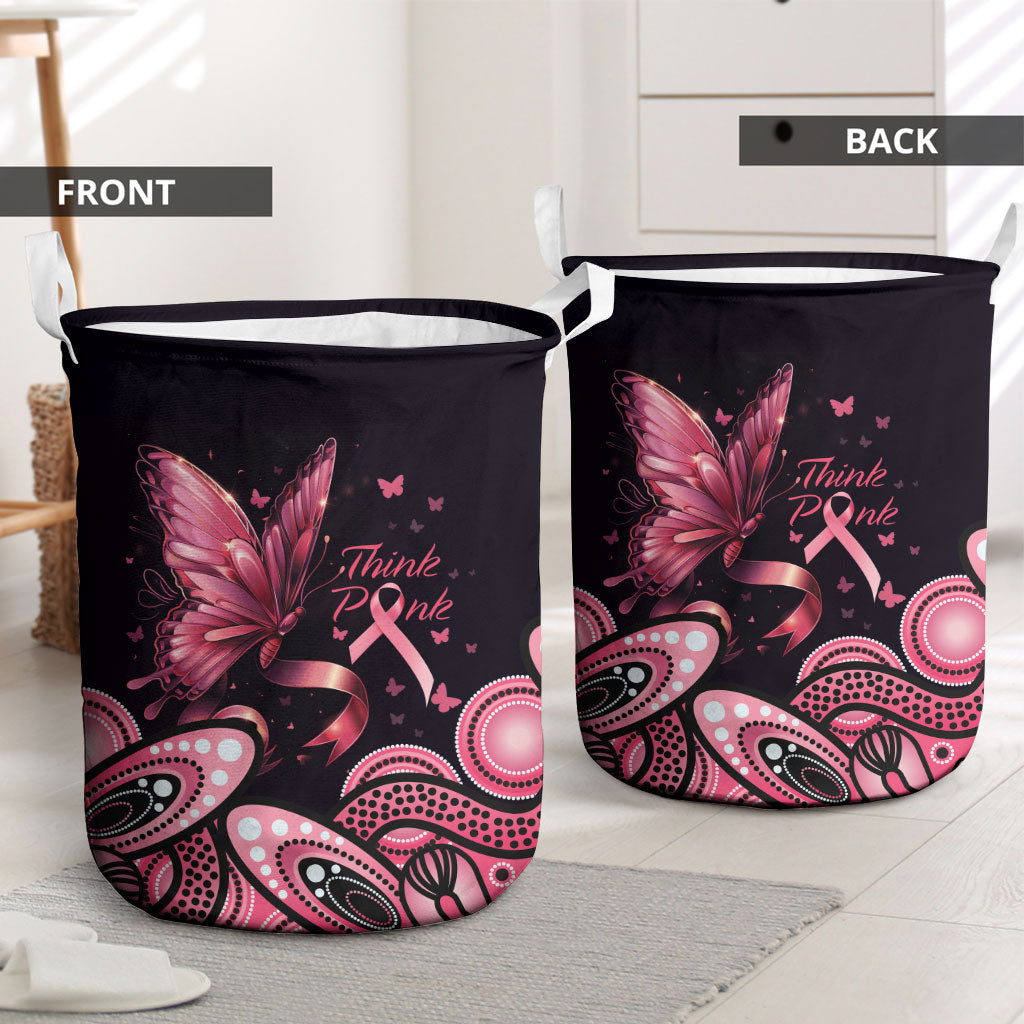 Think Pink Butterfly Ribbon Aboriginal Art Laundry Basket