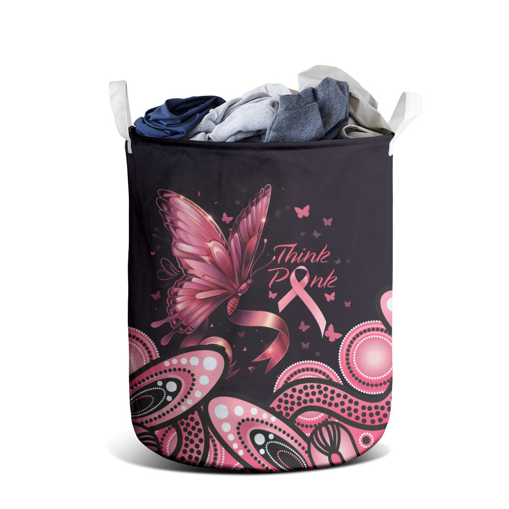 Think Pink Butterfly Ribbon Aboriginal Art Laundry Basket