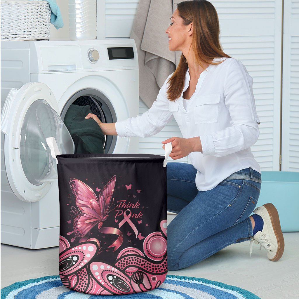 Think Pink Butterfly Ribbon Aboriginal Art Laundry Basket
