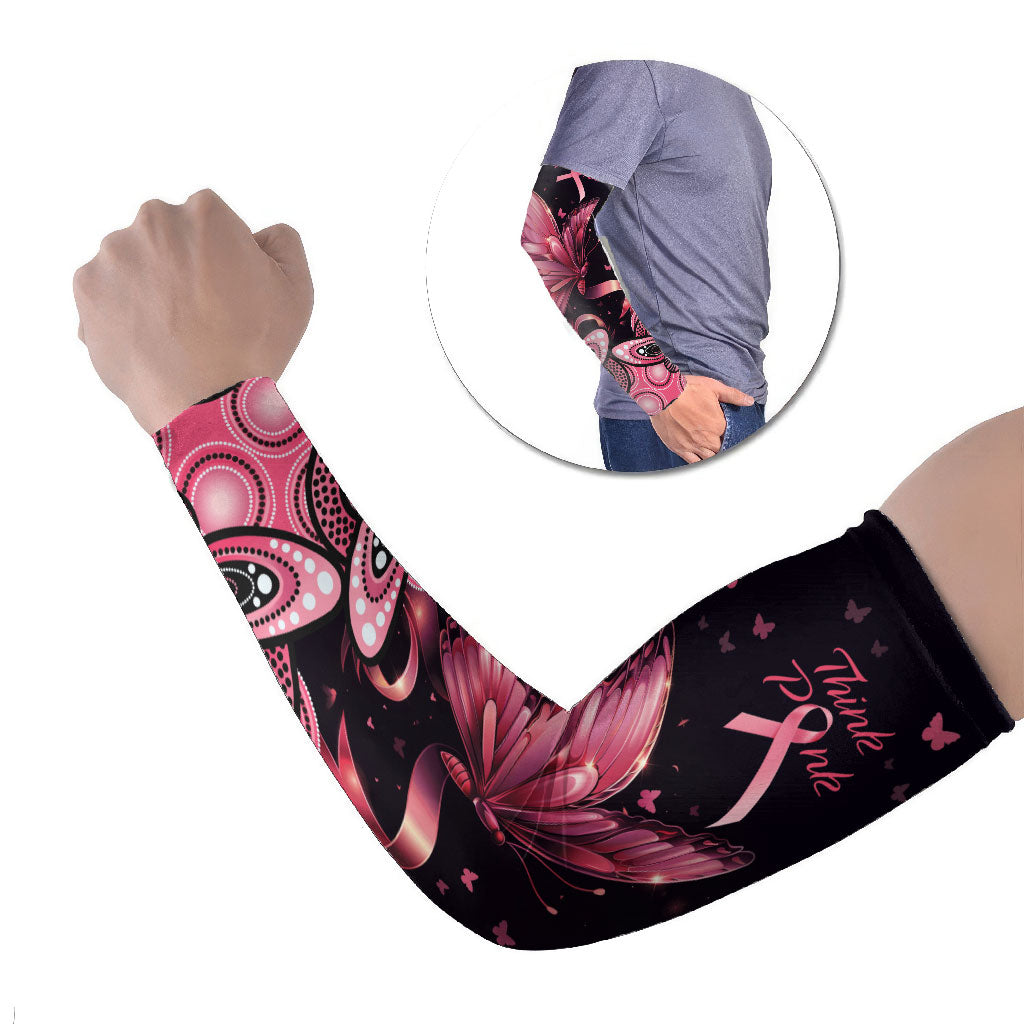 Think Pink Butterfly Ribbon Aboriginal Art Arm Sleeves