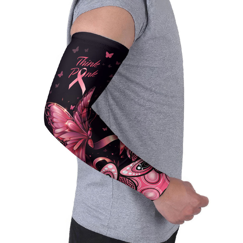 Think Pink Butterfly Ribbon Aboriginal Art Arm Sleeves